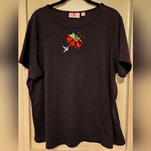 Hummingbird Trumpet Flowers Embroidered Black Womens Shirt XL